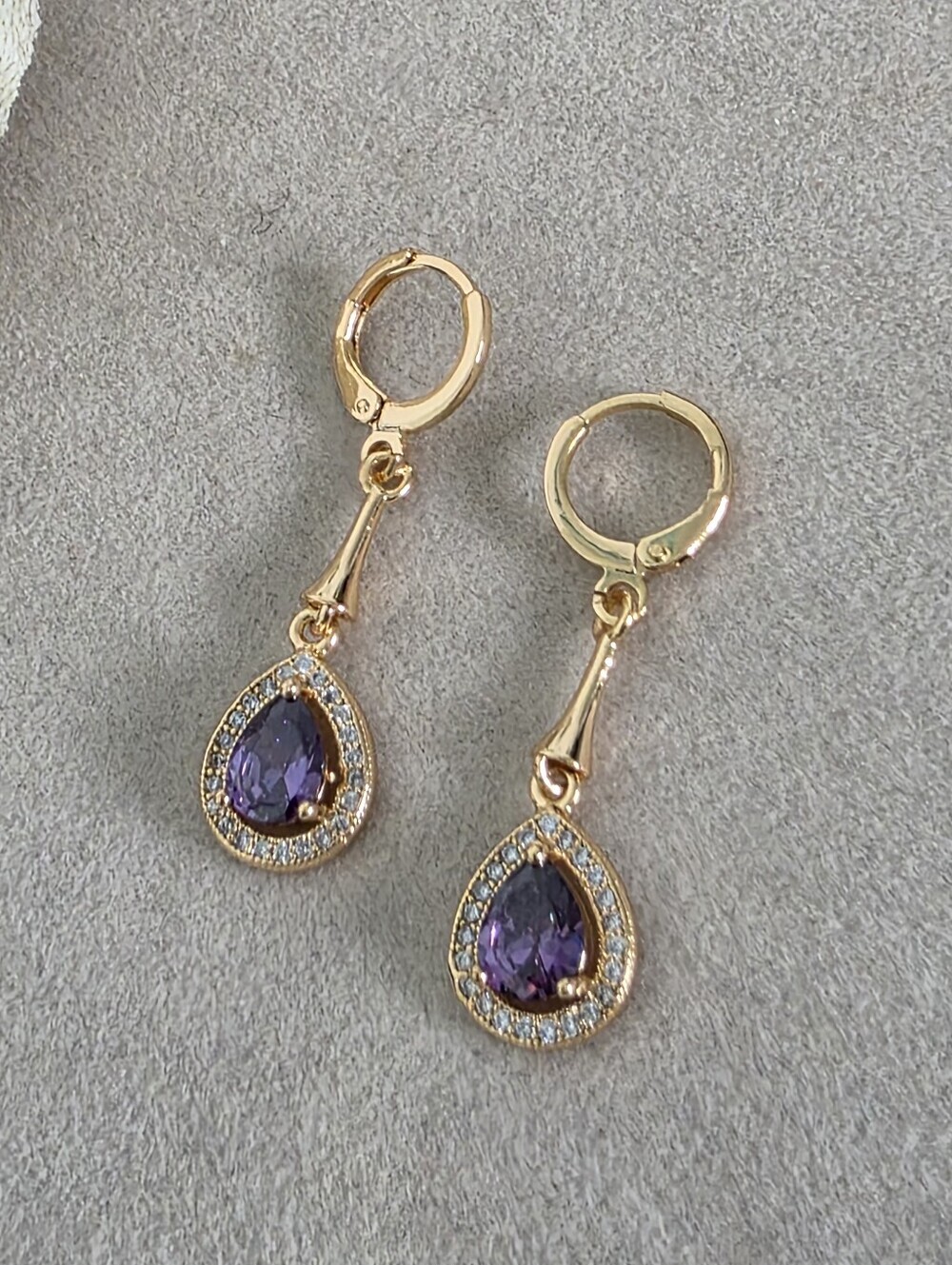 Gold Filled Amethyst Purple Pear Cut Drop Earrings with CZ Halo Accents